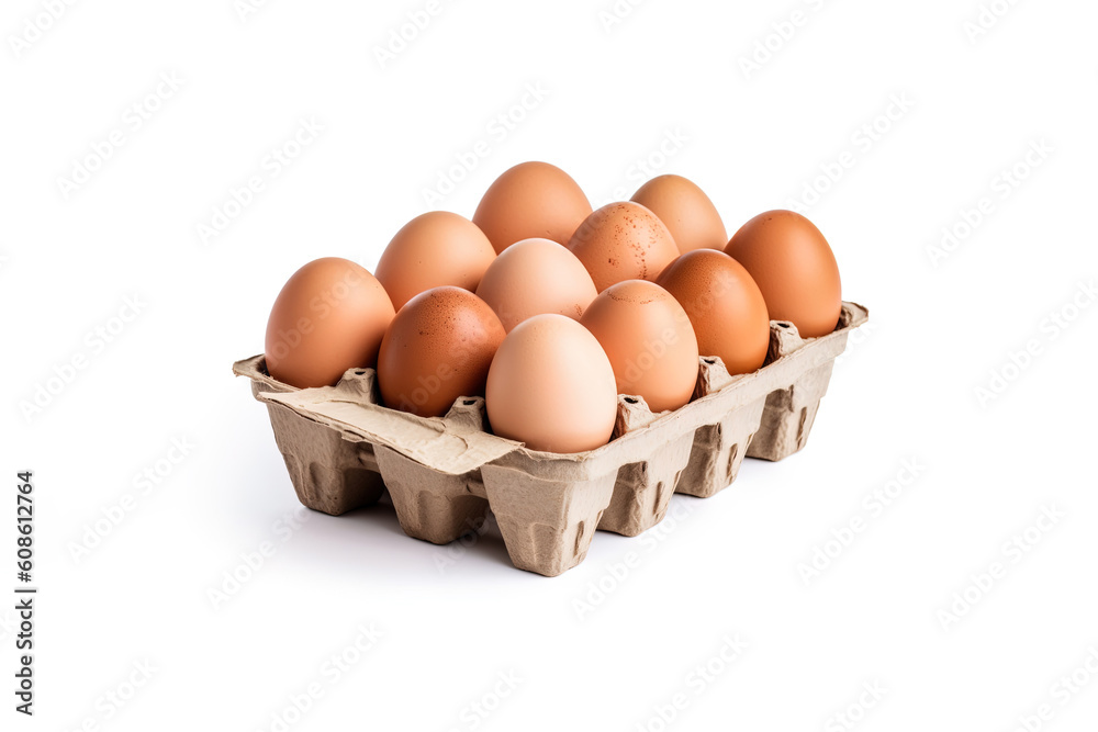 Fresh farm eggs in storage on white background. Created with Generative AI Technology