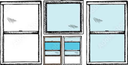 Hand drawn windows for opening and closing over white background