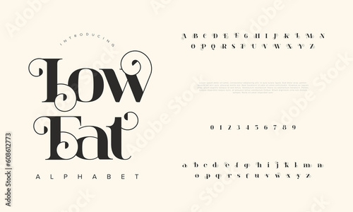 Elegant luxury lowfat abstract wedding fashion logo font alphabet. Minimal classic  urban fonts for logo, brand etc. Typography typeface uppercase lowercase and number. vector illustration