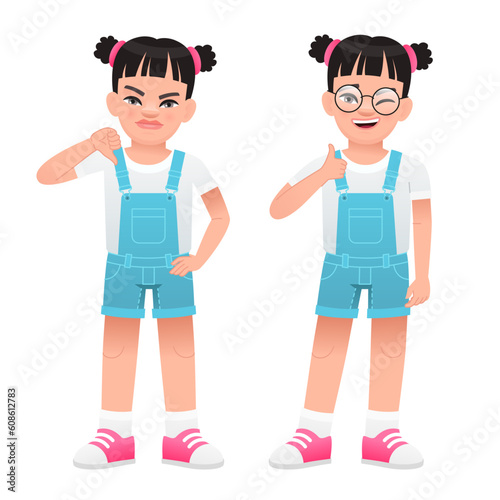 A beautiful little girl shows a gesture of approval and disapproval. Likes and dislikes. Good and bad.