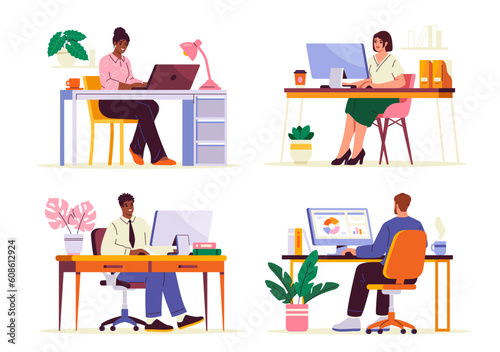 Set of employees at workplace. Freelancers work in office or remotely from home. Business character sitting at desktop with laptop and computer. Cartoon flat vector illustrations on white background