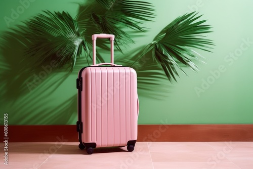 Packed pink suitcases with palm leaves on pink background. Summer travel concept. Generative AI