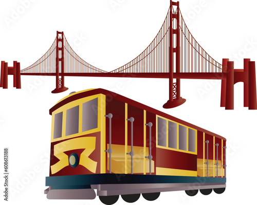 San Francisco Cable Car Trolley and Golden Gate Bridge Illustration