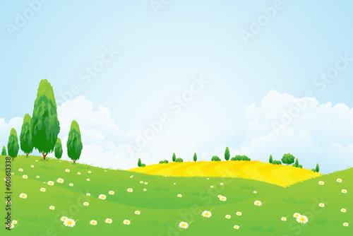 Green Landscape with  Flowers Trees and clouds