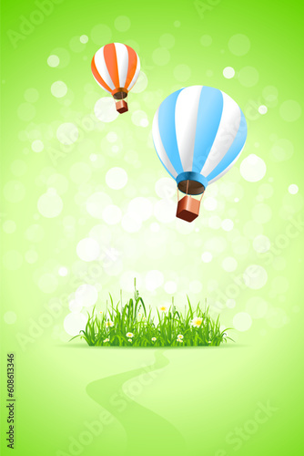 Green Background with Grass Path and Hot Air Balloons