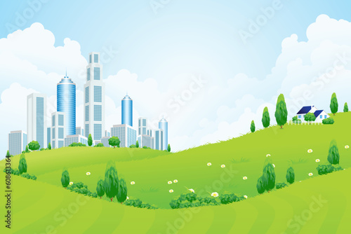 Green Landscape with City House Trees and Clouds