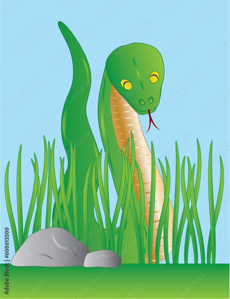 Fototapeta premium Slithering Green Snake Among Grass Illustration