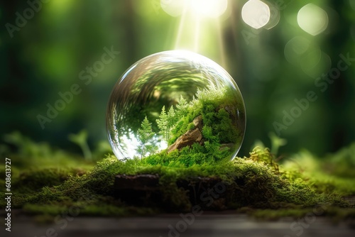 Globe planet glass in green forest with bokeh nature lights. World environment day. Concept for environment conservation, protect ecology earth and environmental eco-friendly life. Generative AI