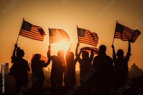 Silhouette group of People Waving American Flags in Back Lit. generative ai