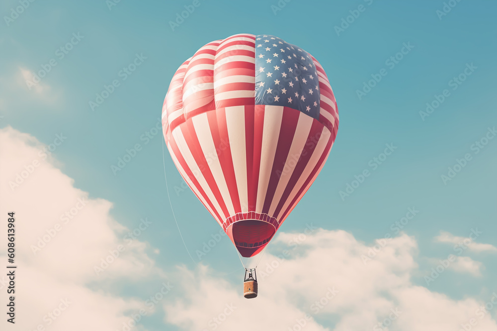Naklejka premium American flag air balloon on sky, closeup with copy space. generative ai