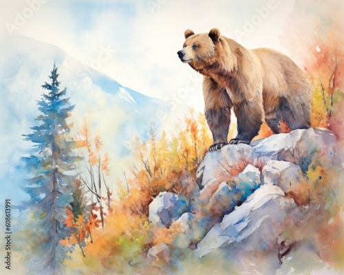 watercolor featuring a powerful and majestic bear against a backdrop of nature. bold and vibrant colors to bring out the strength and beauty of the bear 