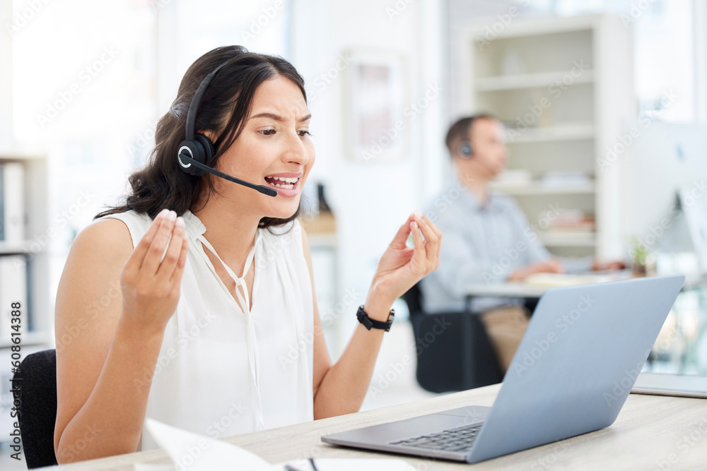 Woman, callcenter and anger, frustrated with phone call and laptop software glitch or communication fail and confused. Customer service, tech support mistake and 404 with annoyed female consultant Woman, callcenter and anger, frustrated with phone call and laptop software glitch or communication fail and confused. Customer service, tech support mistake and 404 with annoyed female consultant