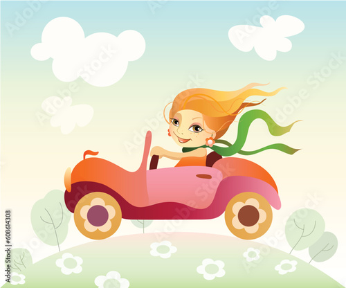 Vector illustration  of a girl driving car