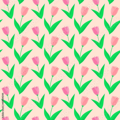 Seamless pattern with pink tulips. Vector floral background with spring flowers.