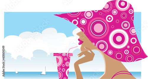 Vector illustration of a women in a big spotted hat drinking cocktail on the beach