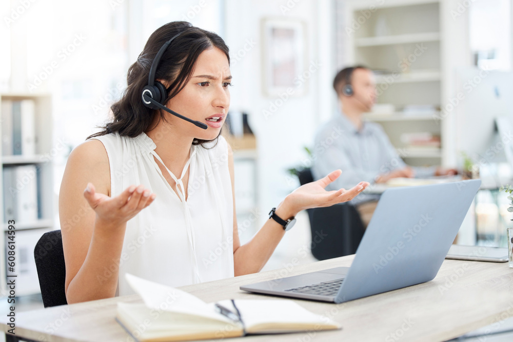 Woman is angry at callcenter, frustrated with phone call and laptop software glitch or communication fail and confused. Customer service, tech support mistake and 404 with annoyed female consultant Woman is angry at callcenter, frustrated with phone call and laptop software glitch or communication fail and confused. Customer service, tech support mistake and 404 with annoyed female consultant