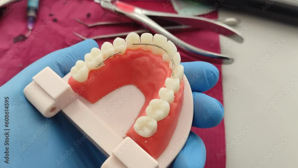 Dentist hold a dental dummy with a dental wire retainer in hand. Splinting of teeth. A dental