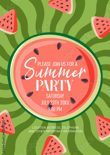 Watermelon summer party invitation. Slice of watermelon on striped green background. Perfect for beach party, pool party and bbq. Vector illustration