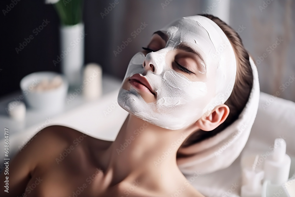 Fototapeta premium A girl in a cosmetic mask is resting in a beauty salon. Self care, beauty. generative AI tools