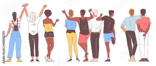 People from back view. Young characters stand together from behind. Friends hugging, communicate and rejoice. Men and women in clothes. Hand drawn flat vector collection isolated on white background