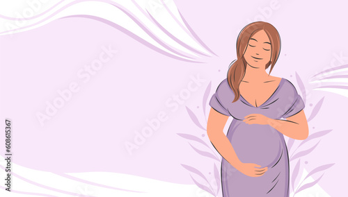 Banner about pregnancy and motherhood with place for text. Pregnant woman, future mom hugging belly with arms. Vector illustration.