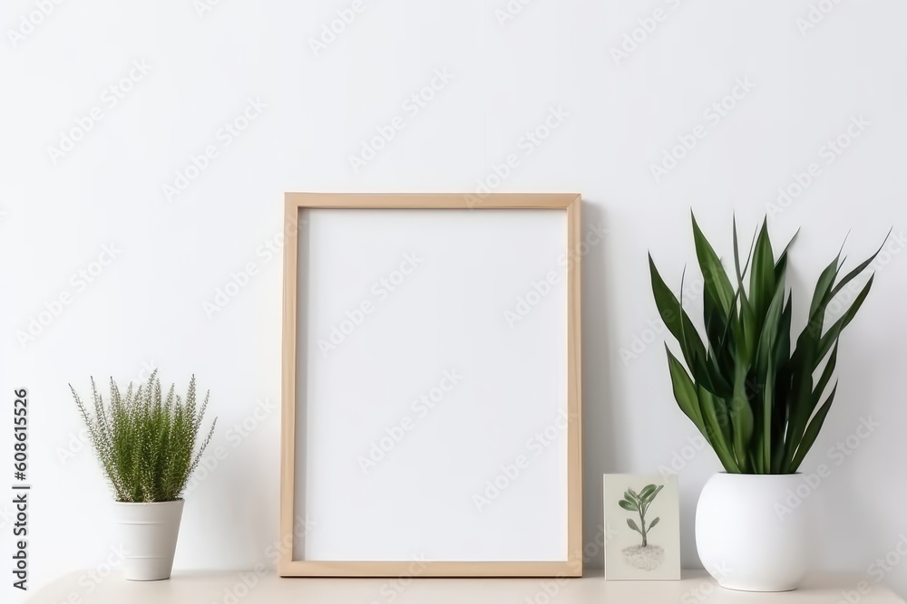 Wooden frame leaning on white shelf in white interior with green plants, exotic potted plants in pots on empty wall background. Generative AI Wooden frame leaning on white shelf in white interior with green plants, exotic potted plants in pots on empty wall background. Generative AI