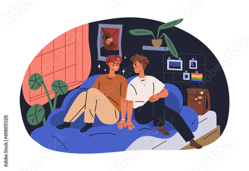 Teenagers couple. Young gay boyfriends on bed. Homosexual LGBT teens dating. First school love concept. Shy romantic adolescent guys. Flat graphic vector illustration isolated on white background