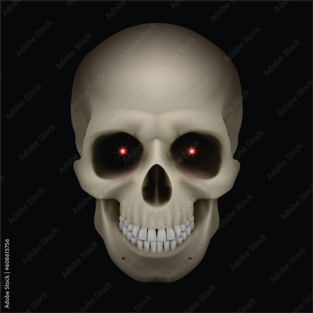 An illustration of a skull with red eyes on black