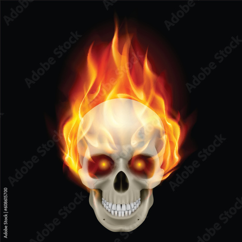 Burning skull in hot flame. Illustration on black background