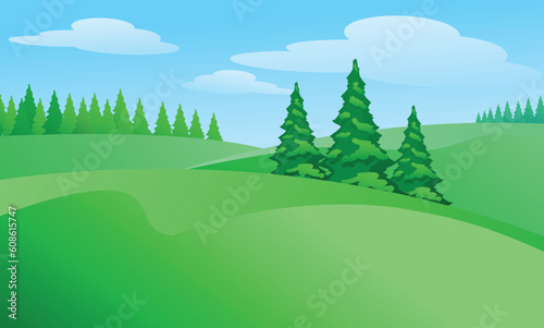 Field landscape with trees. Illustration for design
