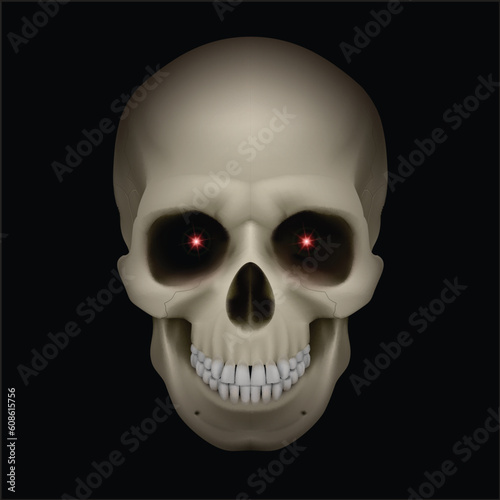An illustration of a skull with red eyes on black