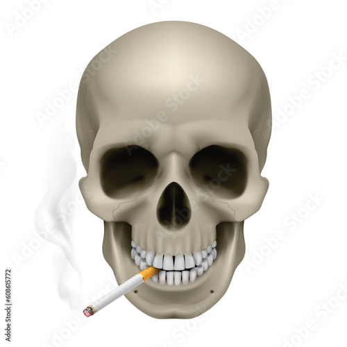 Human Skull with a cigarette. Illustration on white background