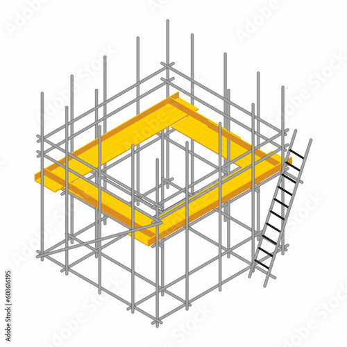 Isometric and isolated scaffolding installation. Vector illustration of construction and repair working platform.