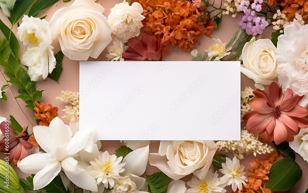 A blank white card or invitation surrounded by beautiful white flowers, summer flowers and bright colors. Copy space, greeting card. Shallow depth of field, Illustrative Generative AI.