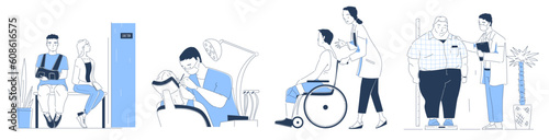 Medical services set. Doctor, dentist and nurse help patient with disabilities, obesity, toothache, injury body part. Hospital or healthcare workers. Linear flat vector illustrations isolated on white