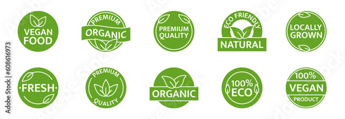 Natural, organic, bio product icon set. Healthy vegan food label. Eco friendly tag. Farm fresh, locally grown badges. Gmo free. Beauty product. Sustainable life. Premium quality. Vector illustration