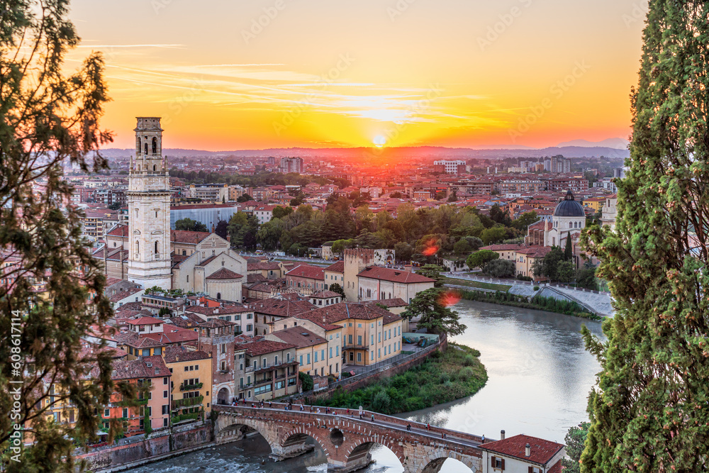 Sunset view of Verona, Italy from the hill of San Pietro.