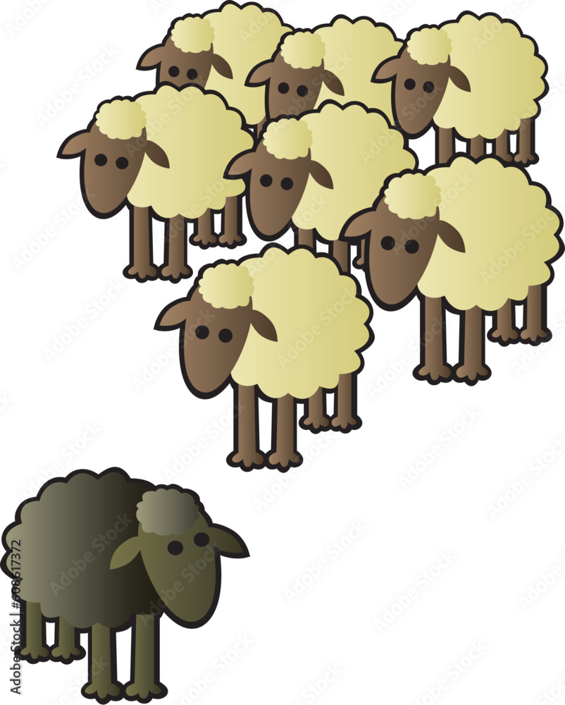 A black sheep being shunned from the rest of the flock for being different. A black sheep being shunned from the rest of the flock for being different.