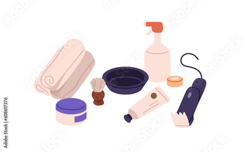 Shaving accessories kit. Brush, hygiene towels, beauty tools, products. Cream in tube, mask, lotion in jar, razor, male cosmetics composition. Flat vector illustration isolated on white background