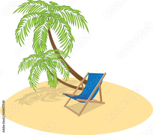 Sun lounger and two palm trees. Vector illustration.