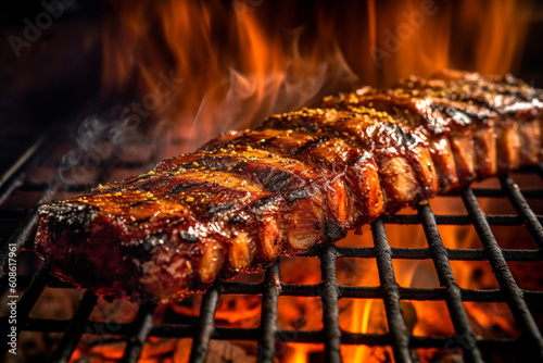 Ribs barbecue on the grill with flames, meat roasted meal steak