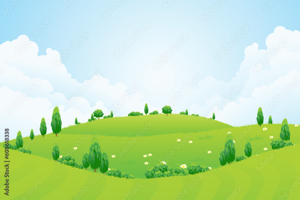 Green Background with Grass Clouds Trees Flowers and Hills