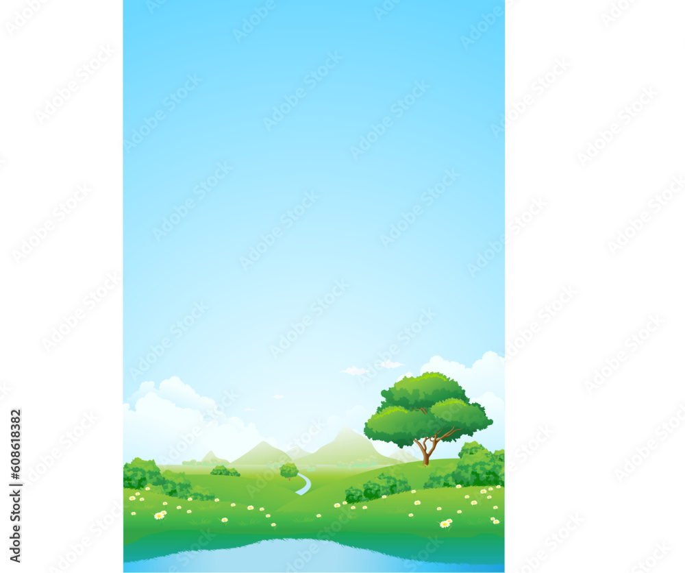 Fototapeta premium Green landscape with lake trees mountains and flowers