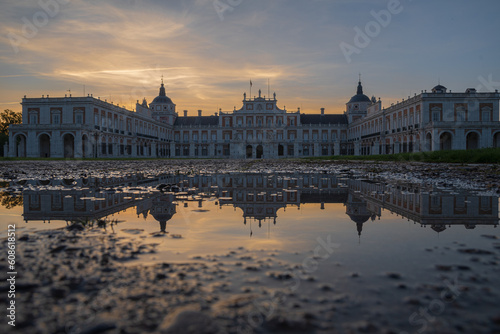 different views with reflections in the water of the royal palace of aranjuez at dawn photo