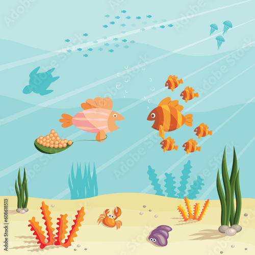 Illustration of an underwater ocean scene with small cartoon fishes