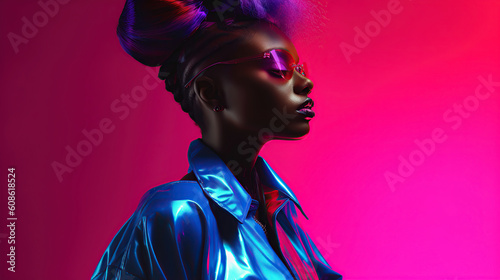 African american model in pink and blue light, futuristic fashion ai illustration 
