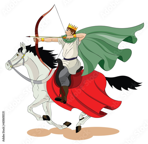 The man with a wreath on his head goes on a horse and shoots from an bow