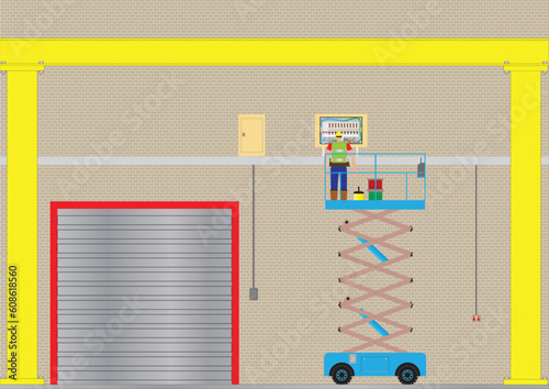 An Electrician on a Scissor Lift Platform inspecting Wiring in a Factory