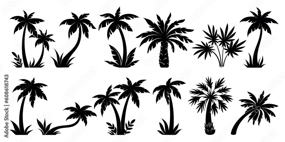 Palm trees silhouette set. Black exotic plants of different shapes. Banana or coconut tropical trees. Wild flora in africa and jungle. Hand drawn vector collection isolated on white background