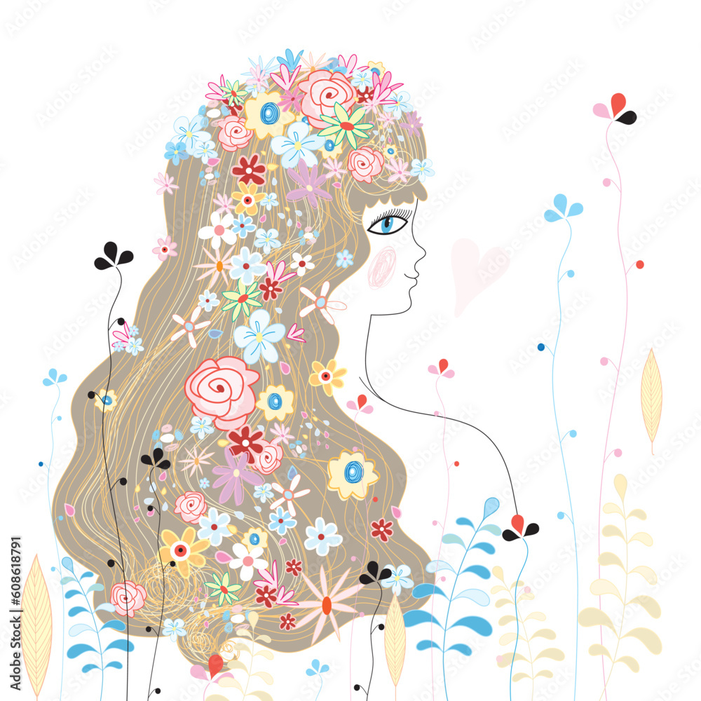 graphic portrait of a girl in a flowered on a white background with plants graphic portrait of a girl in a flowered on a white background with plants